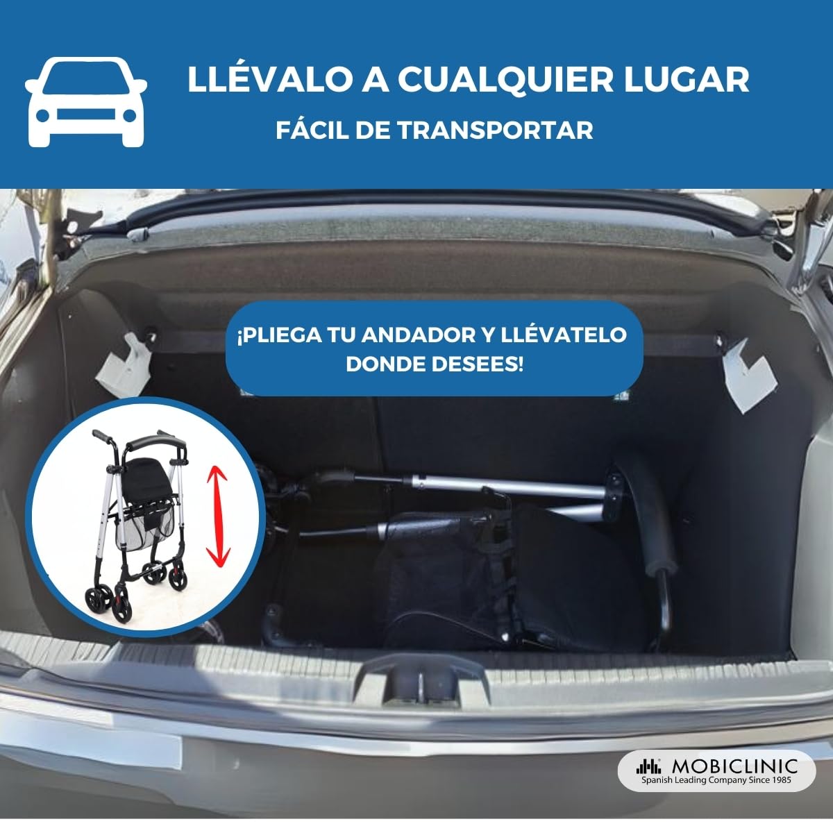 Mobiclinic®, Andador para adultos, Plegable, Ligero, Asiento y cesta xxl, Sujeta bastones, Altura regulable, De aluminio, Marca española, Frenos por presión, Dehesa, Ruedas macizas, Gris perlado