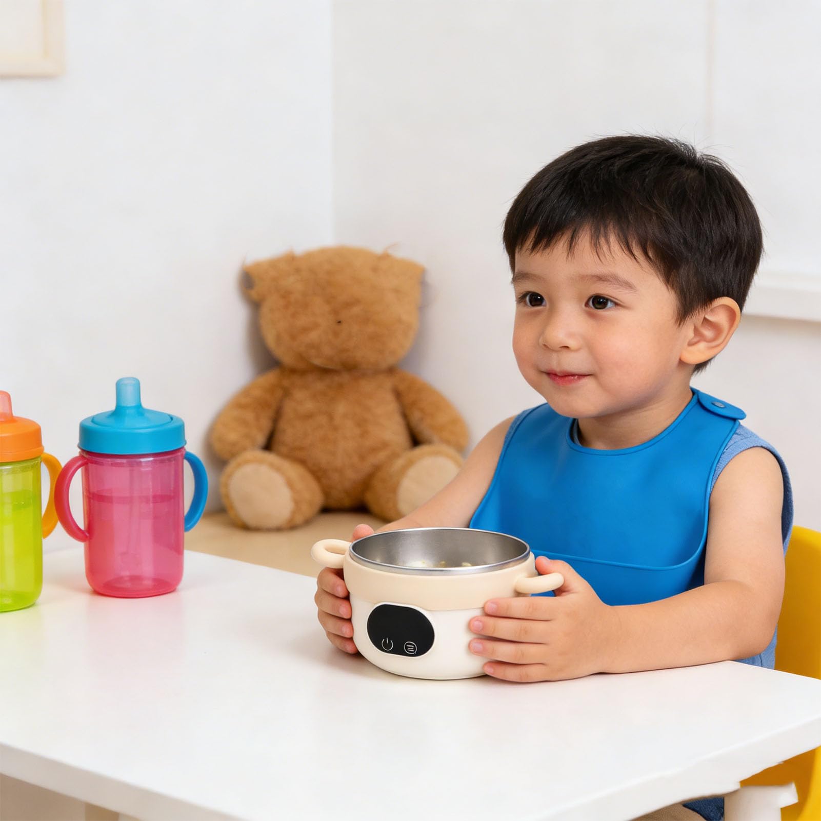 Ciotola Scaldavivande Intelligente per Bambini, Scaldavivande Senza Fili in Acciaio Inossidabile di Grande capacità da 470 Ml per Neonati e Bambini Piccoli (Colore Crema)