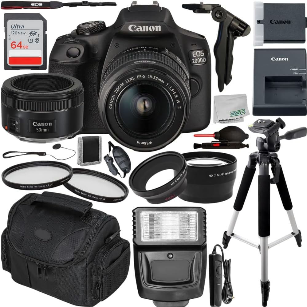 Canon EOS Rebel T7/2000D DSLR Camera with 18-55mm f/3.5-5.6 Zoom Lens and Bundle : Includes – SanDisk Ultra 64GB Memory Card, Tripod Much More (Renewed)