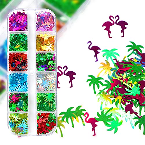 Art Sequin Decals Decoration For Women 12 Grid Nail Art Glitter Stickers Summer Theme Mixed Pattern Holographic Flamingo Coconut Tree Cactus Design Accessories #TOP2