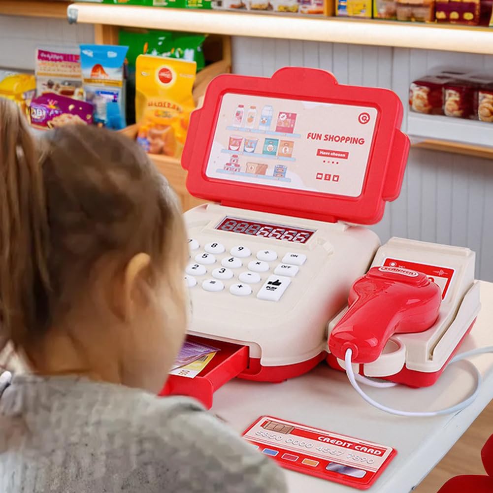 PLUSHCEWT Toy Cash Register for Kids Toy Till with Scanner Calculator Weigh Pop-up Drawer and Pretend Money Set Educational Shopping Till Role Play Toy for Toddlers Boys and Girls Ages 3-5 (red) - Image 4