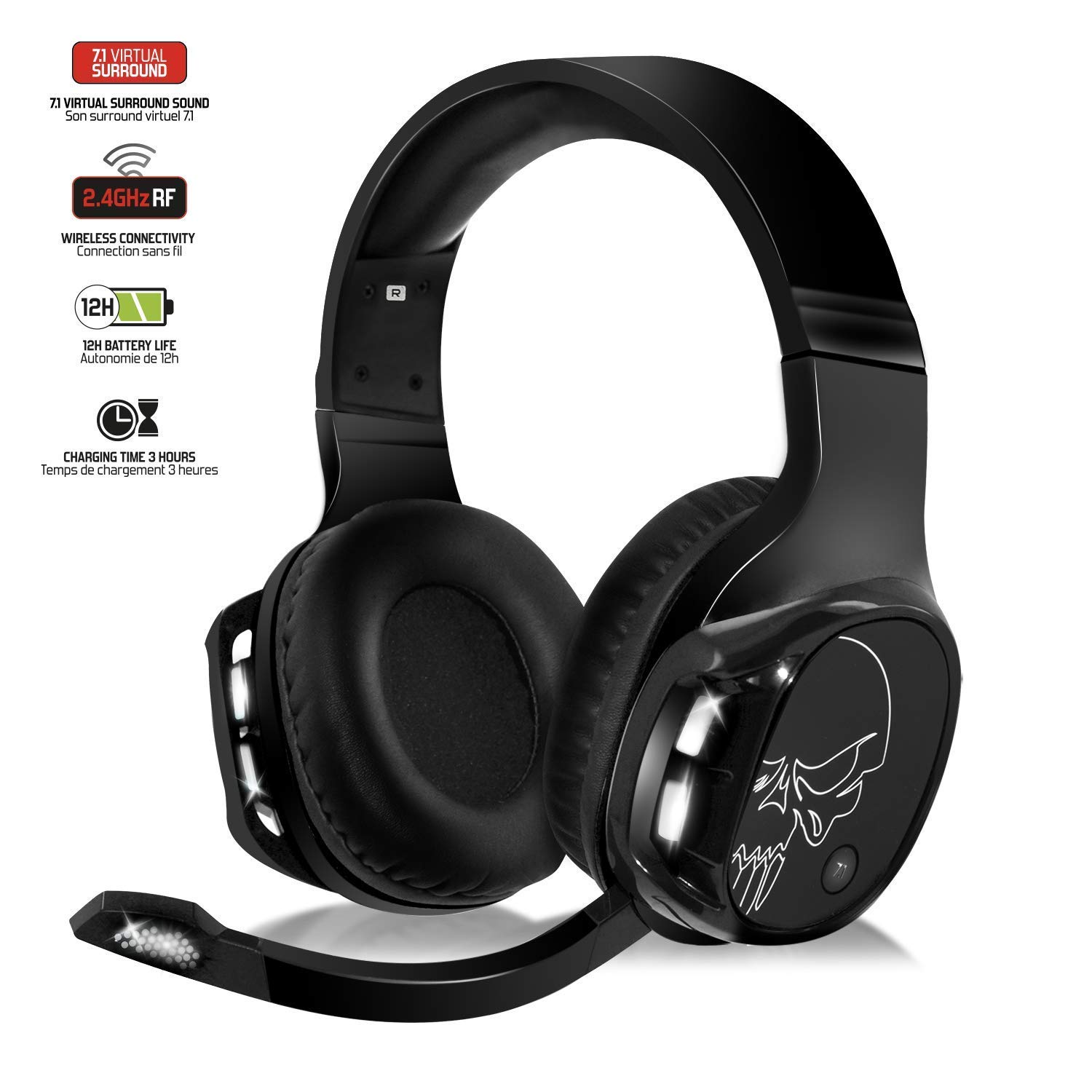 SPIRIT OF GAMER - XPERT-H1100 - Auriculares Inalámbricos 7.1 Surround Black Pro Gamer - LED Blancos - Piel Sintética - Micrófono Flexible - Autonomía 12H - PC / PS4 / XBOX ONE/SWITCH/MAC