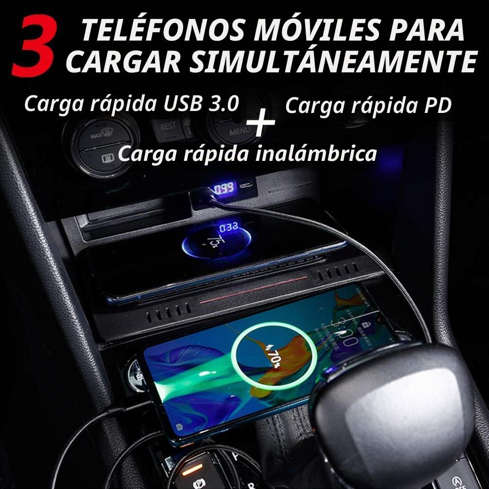 Cargador Inalámbrico Coche Auto Compatible con VW Tiguan 2018 2019 2020 2021 Consola Central Panel, 15W Qi Carga Rápida Coche Teléfono Cargador con QC3.0 USB y 18W PD para iPhone Samsung