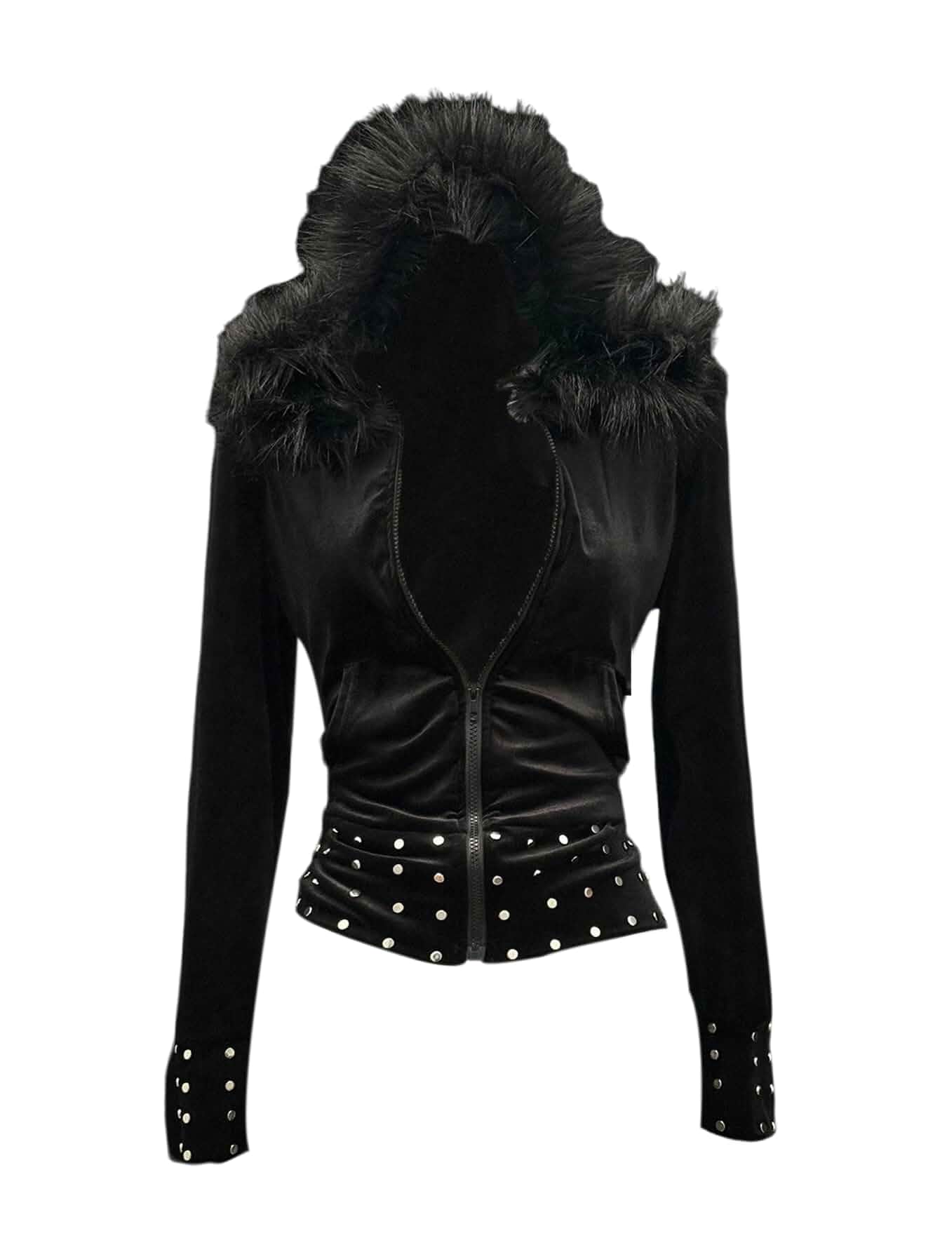 WDIRARA Women's Goth Faux Fur Zip Up Hoodies Rivets Long Sleeve Fuzzy Hooded Sweatshirts Punk Jacket Long Sleeve