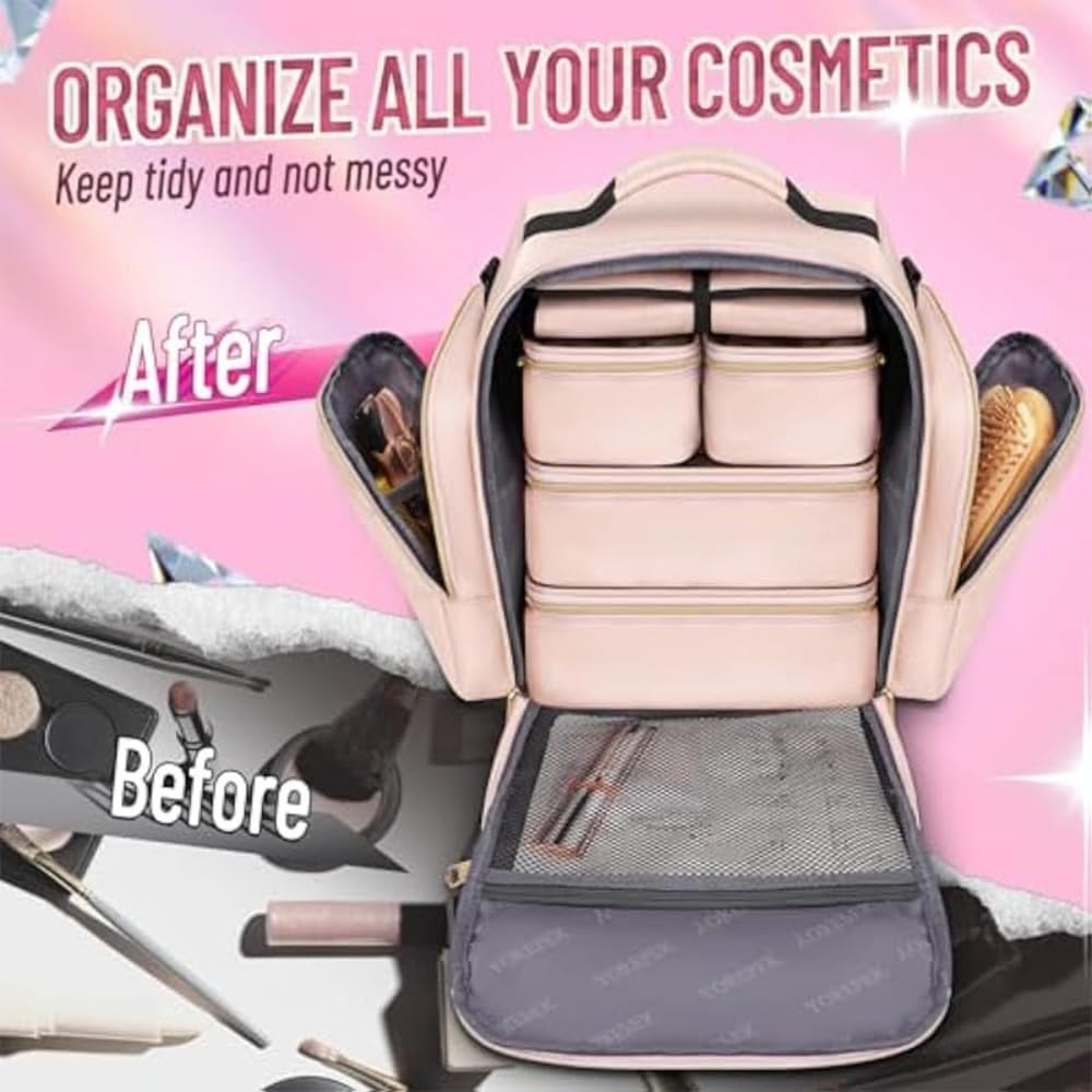 Mochila de maquillaje de viaje, rosa, con 5 fundas extraíbles, bolsas grandes y pequeñas, organizador de joyas, 33 x 31 x 22 cm