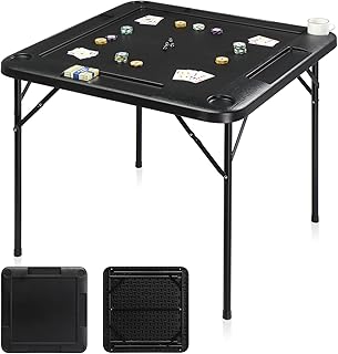 Ktaxon 35" Mahjong Table, Domino Folding Square Tables Set Suitable for Indoor Outdoor Game, Card Poker & Puzzle with 4 Cup Holder and Chip Trays, Adults, Black