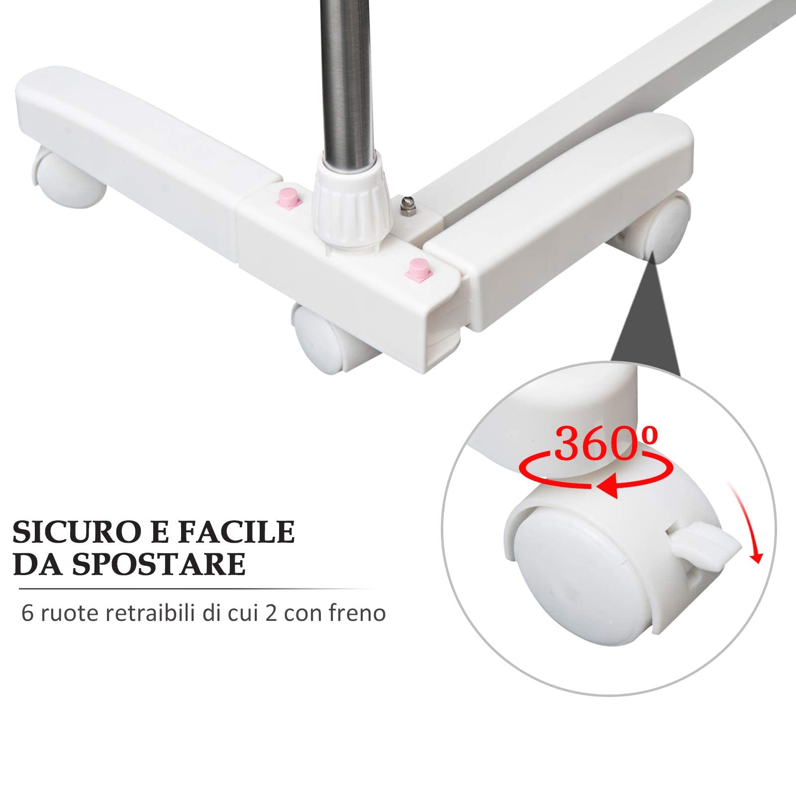 HOMCOM Stendibiancheria Verticale 3 Livelli Regolabili Bianco Argento | Stendino a Torre Pieghevole Salvaspazio Estensibile, Acciaio Inox, 6 Ruote, Ganci, Interni, Balcone, 142x55x152cm