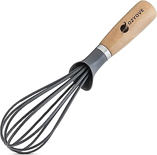 Modern Kitchen Whisk with Wooden Handle, Gray Silicone Wires, Professional Balloon Style for Mixing, Blending, Cooking, Utensil for Whisking Beating Frothing