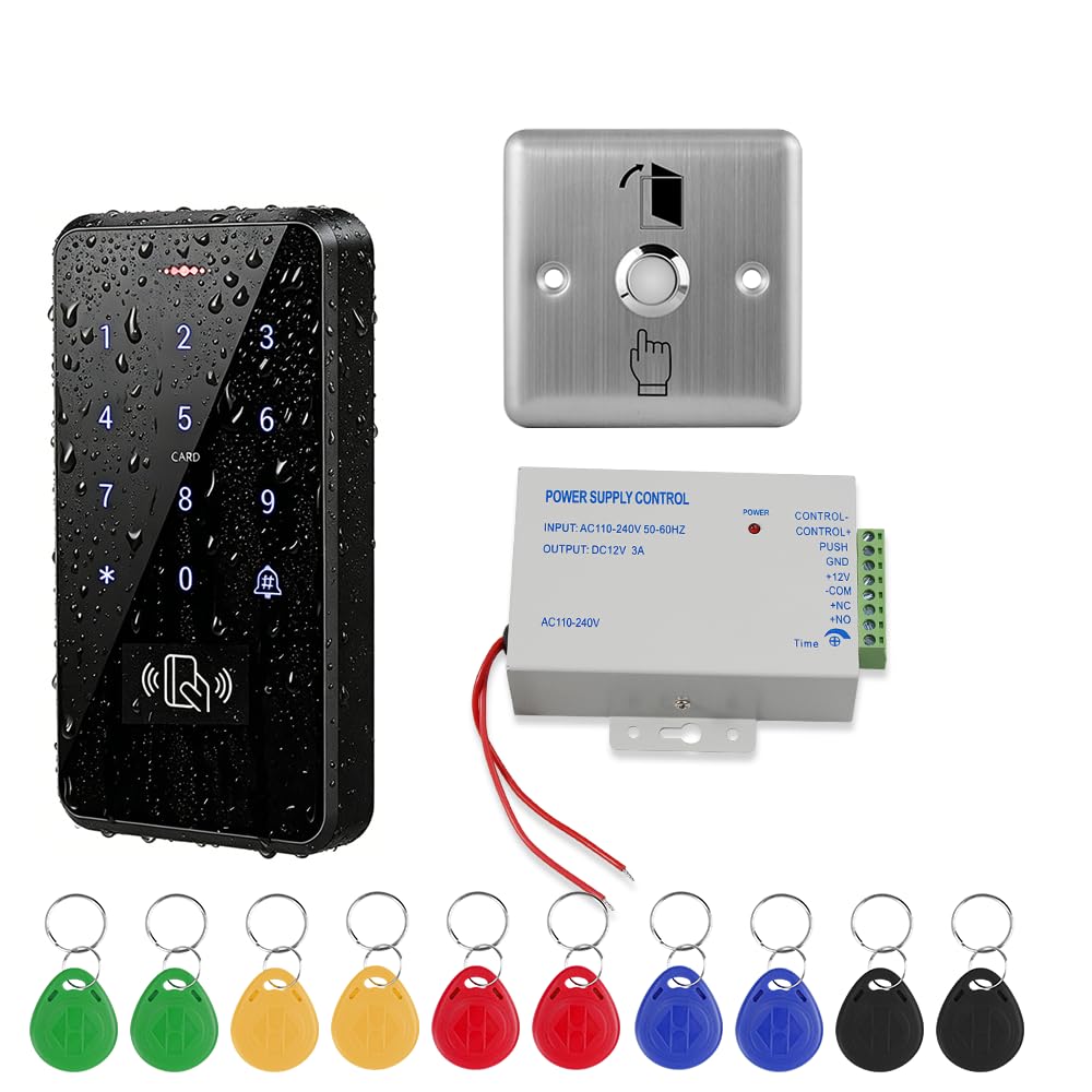 Access Security Systems Contrôleur d'accès étanche IP68 avec alimentation CC, bouton interrupteur de porte, 10 porte-clés d'identification, sans serrure
