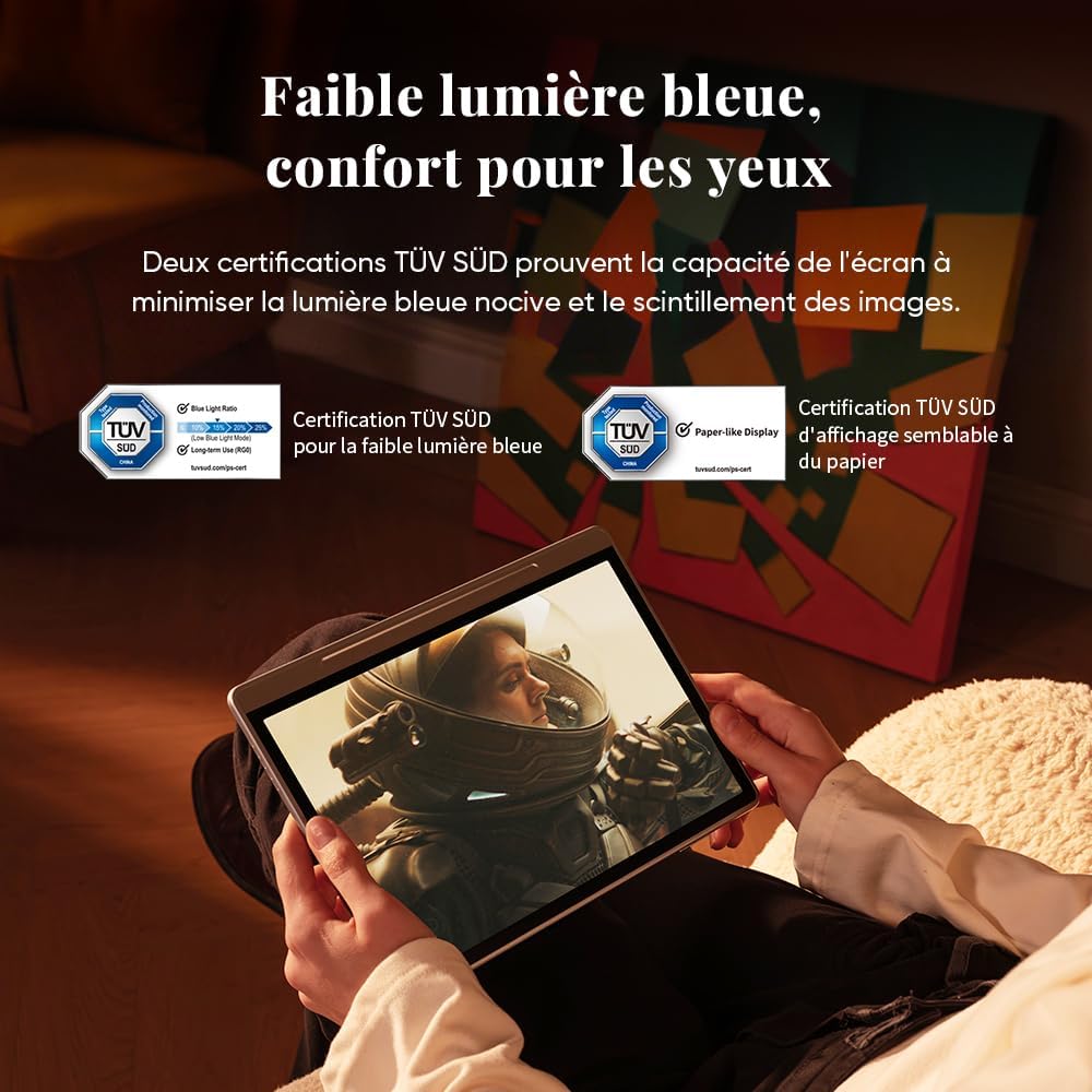 User holding XPPen Magic Note Pad, illustrating low blue light and eye comfort features with TÜV SÜD certifications.