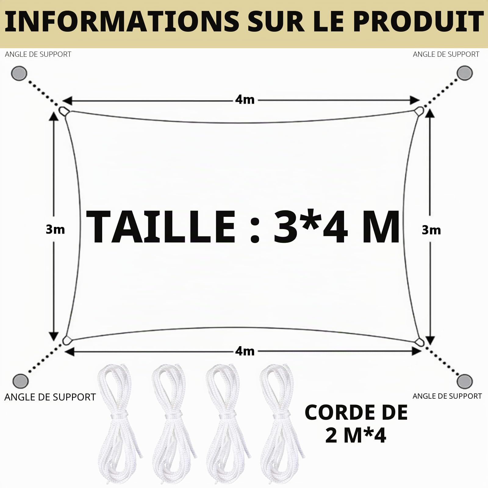 Toile Ombrage Imperméable 3 x 4m Toile Ombrage Exterieur,Toile D'ombrage, Voiles D'ombrage pour Patio,Voile D' ombrage,Voile D'ombrage Rectangulaire,Voile Ombrage Résistant Aux UV - Beige