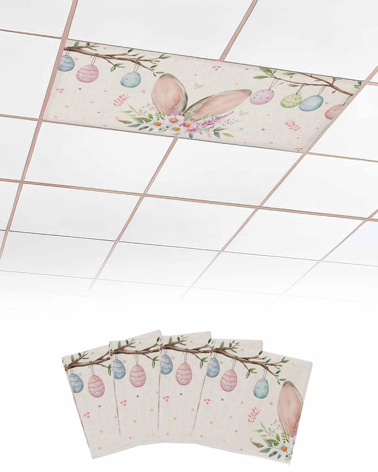 EwdeWwo Easter 4 Pcs Fluorescent Light Covers for Ceiling Lights, Colorful Easter Eggs Rabbit Ear Flowers Magnetic Light Filters for Eliminate Harsh Glare Classroom Office Decoration, 4 x 2 Ft