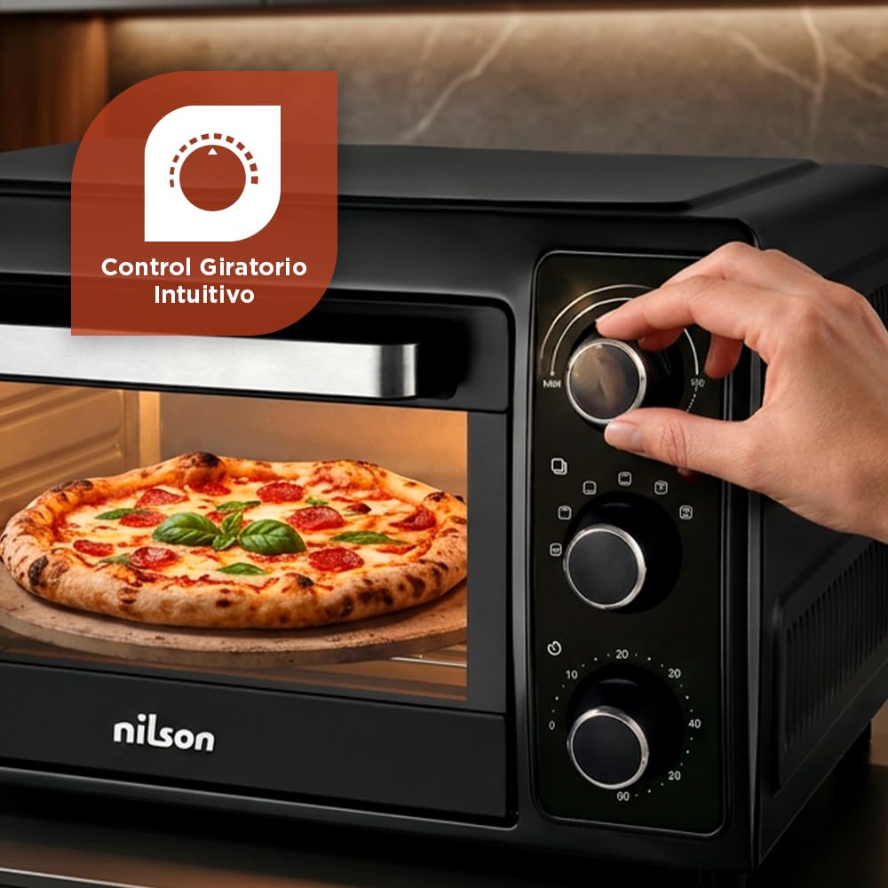Four de table 48 l, convection, 5 fonctions de cuisson, 2000 W, contrôle mécanique, température max 230°, minuterie 60 min, avec plateau, grille métallique et pierre à pizza