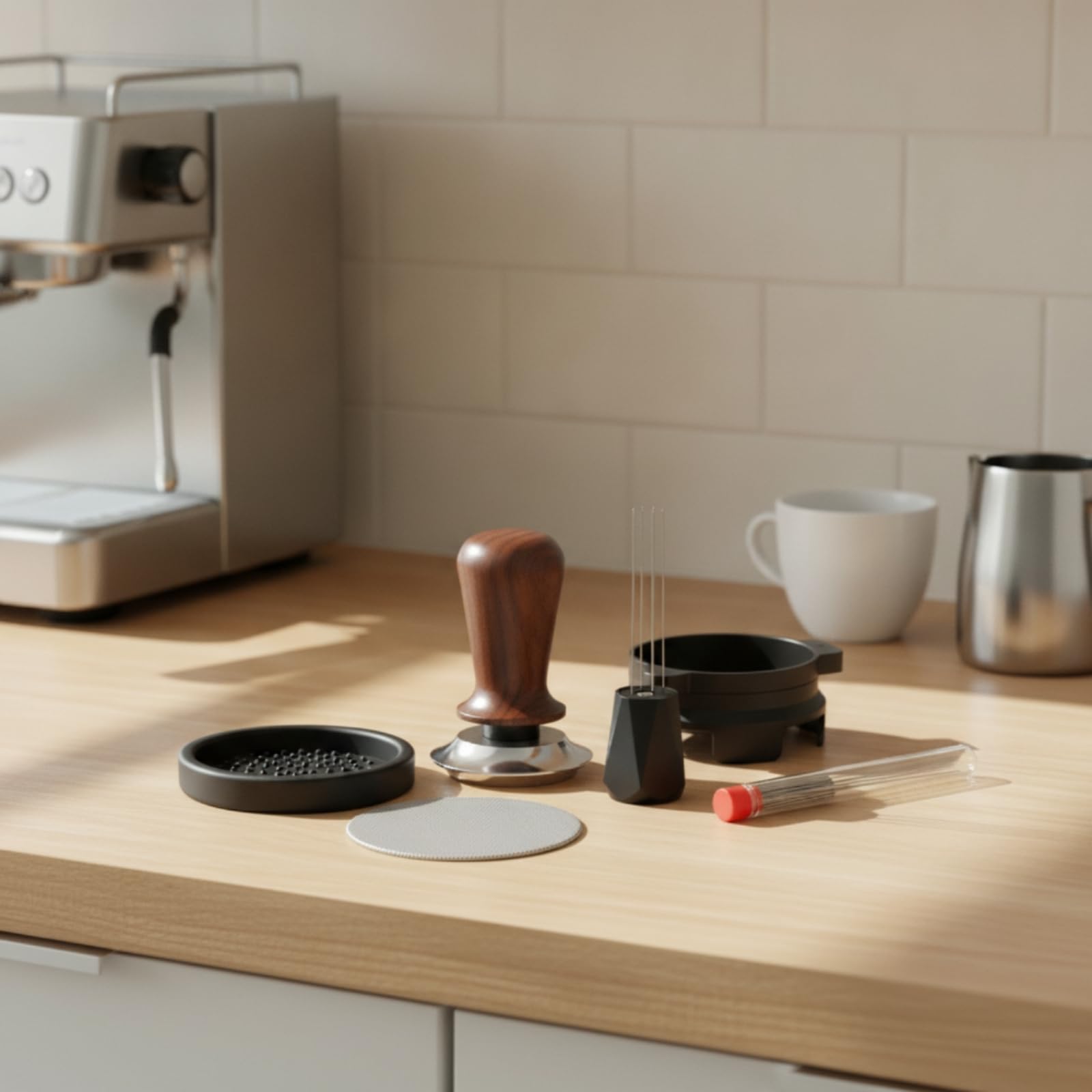 Kit Pressino caffè 5 Pezzi con Utensile Distribuzione Macinato Schermo Rotondo Tappetino Pressa Nero Supporto Dosatore in Acciaio per Estrazione Uniforme Macchina
