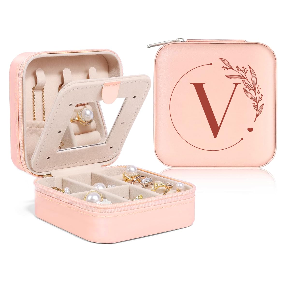 SANDJEST Personalized Jewelry Box, Pink Small Travel Jewelry Box with Initial V, Monogrammed Jewelry Case Organizer for Girls Women Teen, Mini Travel