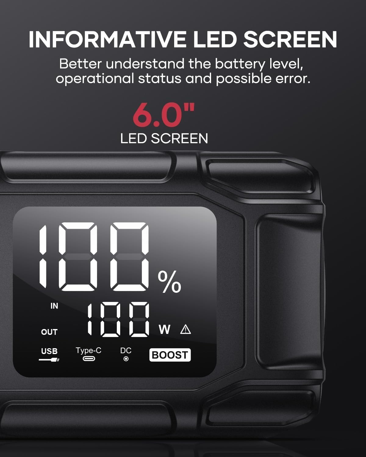 FLYLINKTECH BD10 Jump Starter LED screen displaying 100% charge