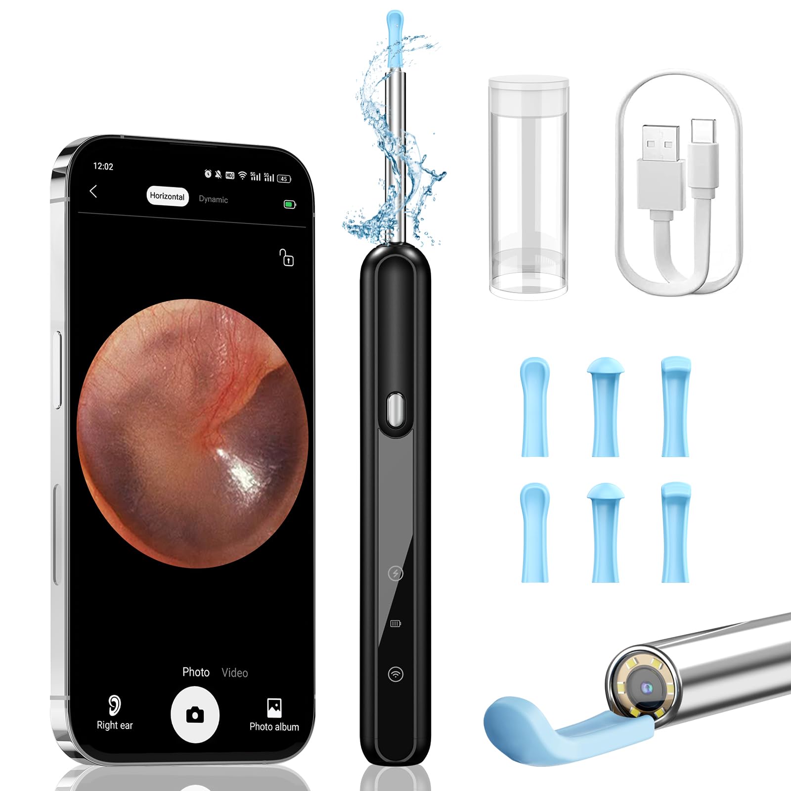 Otoscopio 1080P HD Limpiador Oidos Endoscopio con 6 cucharas para oído 3,5 mm 6 LED con cámara de oído para iPhone, iPad y Android