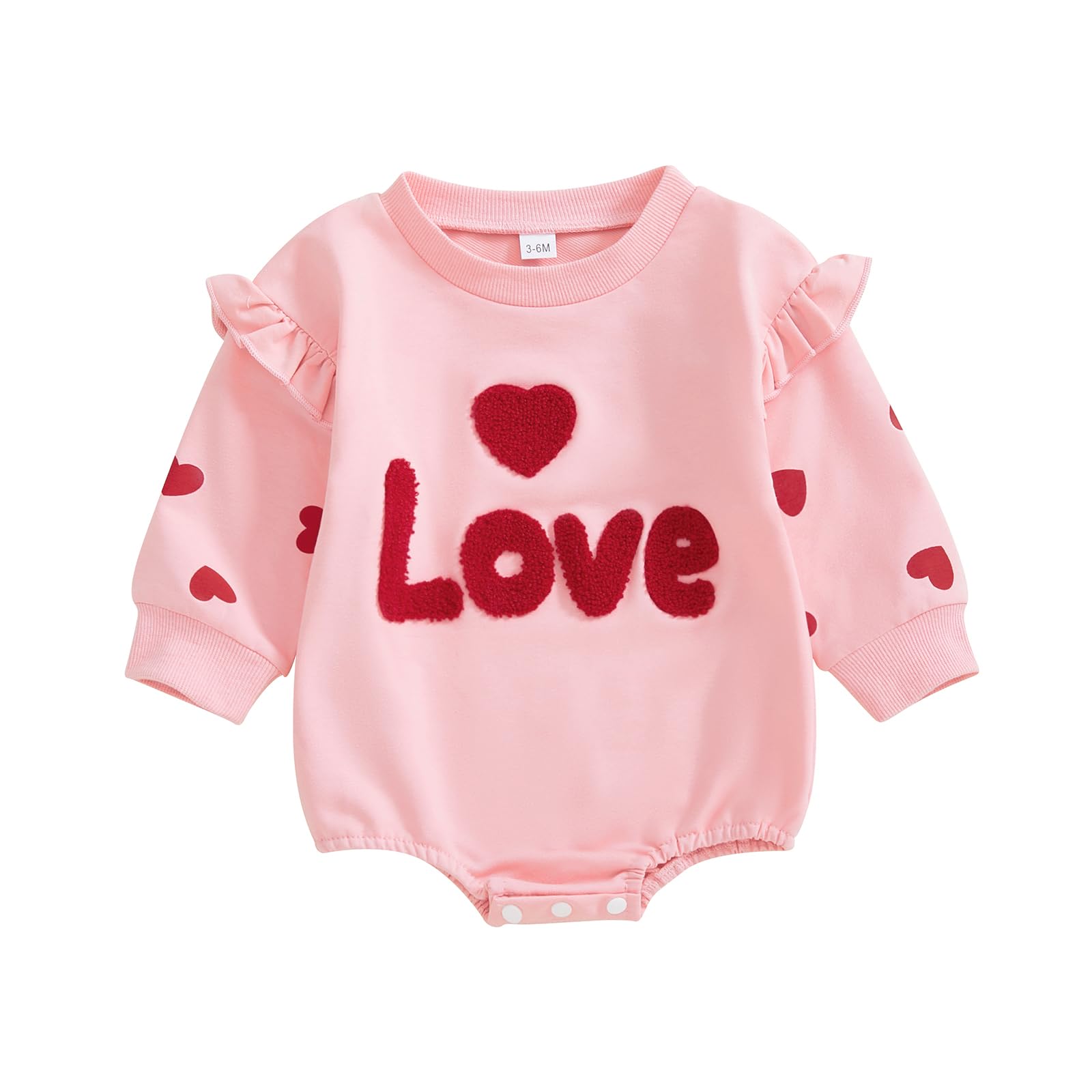 MBMSHEGH Baby Girls Valentine's Day Romper Heart Print Letter Embroidery Long Sleeve Crew Neck Bubble Jumpsuit Spring Outfits