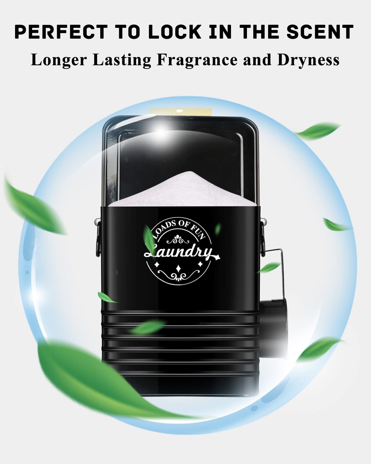 Dispensador de detergente en polvo para la organización de la lavandería. Dispensador de jabón de lavandería de metal con cuchara y tapa. Decoración moderna de lavandería y accesorios (negro)
