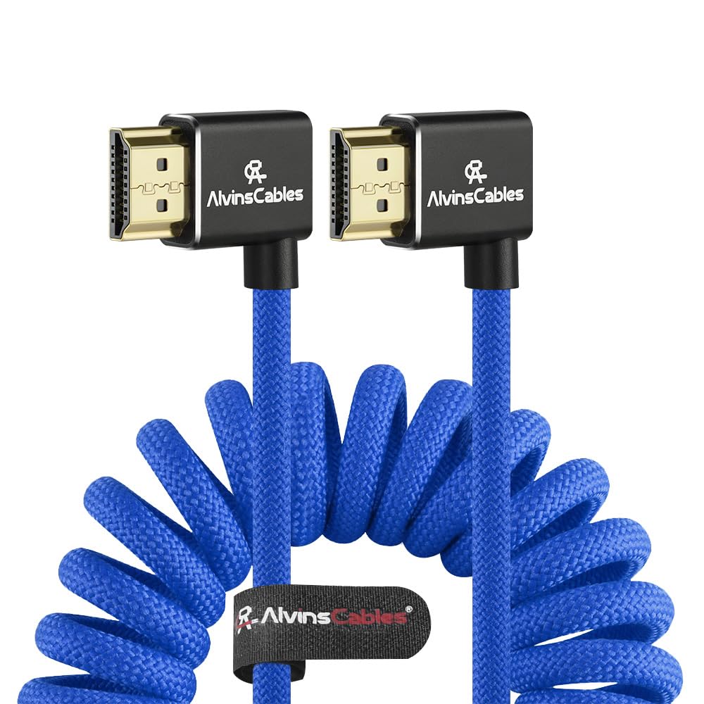 Alvin's Cables 8K 2.1 HDMI-Kabel 48 Gbit/s 8K@60Hz 4K@120Hz Hochgeschwindigkeits-geflochtenes Spiralkabel für Sony A7 A9, BMPCC, Canon C70, Atomos Ninja, Feelworld, Winkel von links nach links, blau