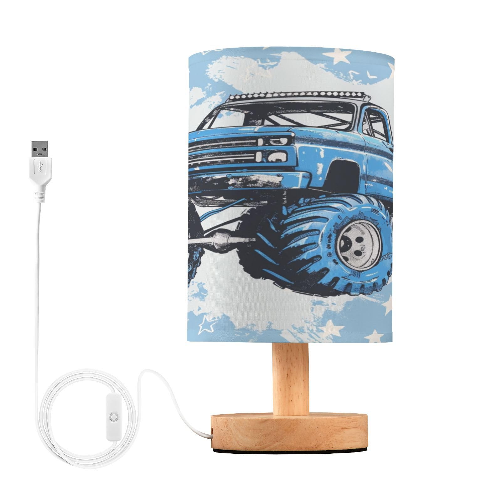 Mnsruu Bedside Table Lamp Monster Truck Star Bedside Lamps LED Light Desk Lamp Fabric Shade Small Lamp for Bedroom Living Room (Bulb Included)