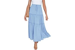 HAEOF Women's Boho Elastic High Waist A-Line Ruffle Swing Beach Maxi Skirt with Pockets