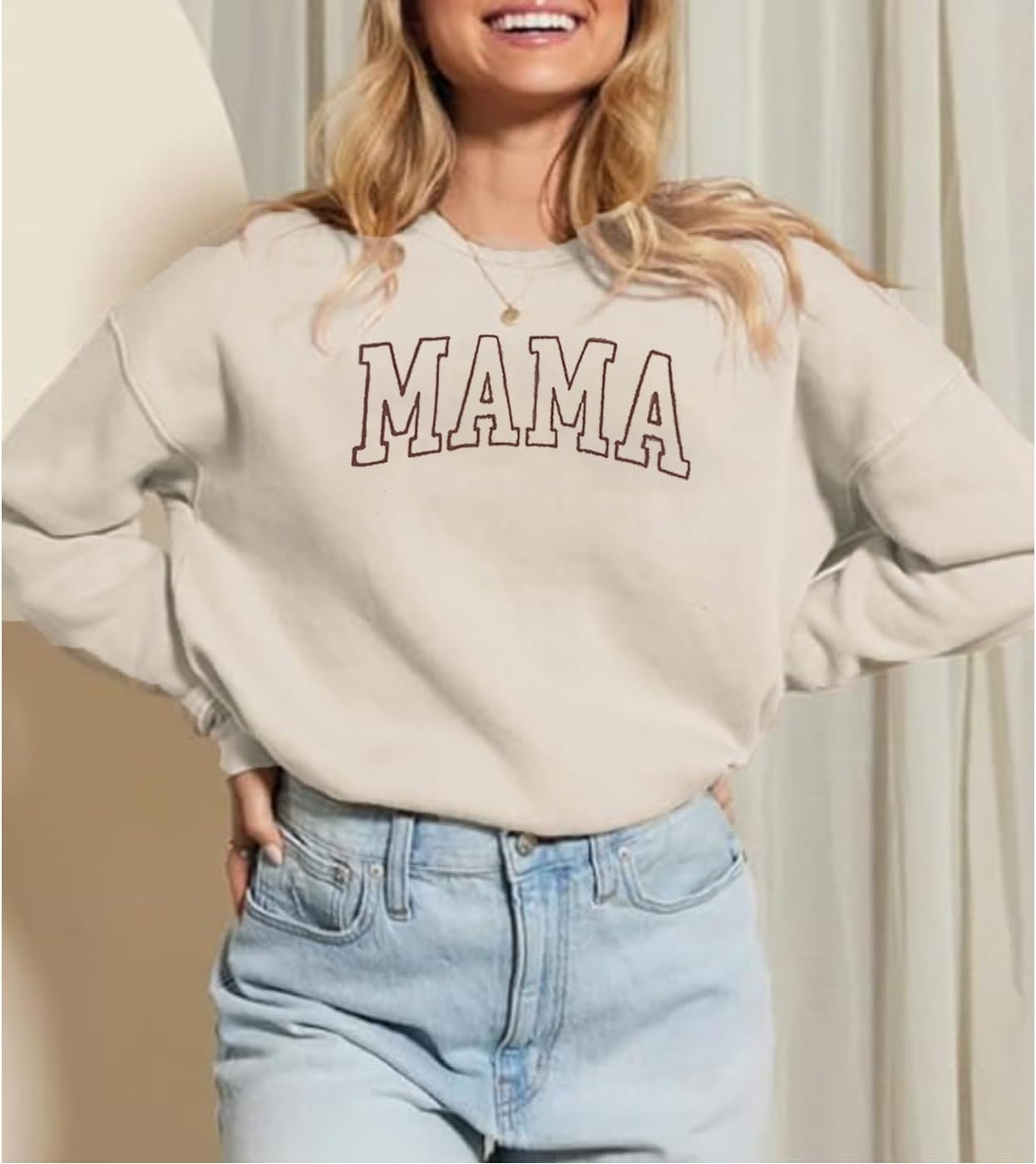 Embroidered Mama Fleece Crewneck Sweatshirt Women Casual Long Sleeve Pullover Tops Fashion Mom Sweatshirts - Image 2