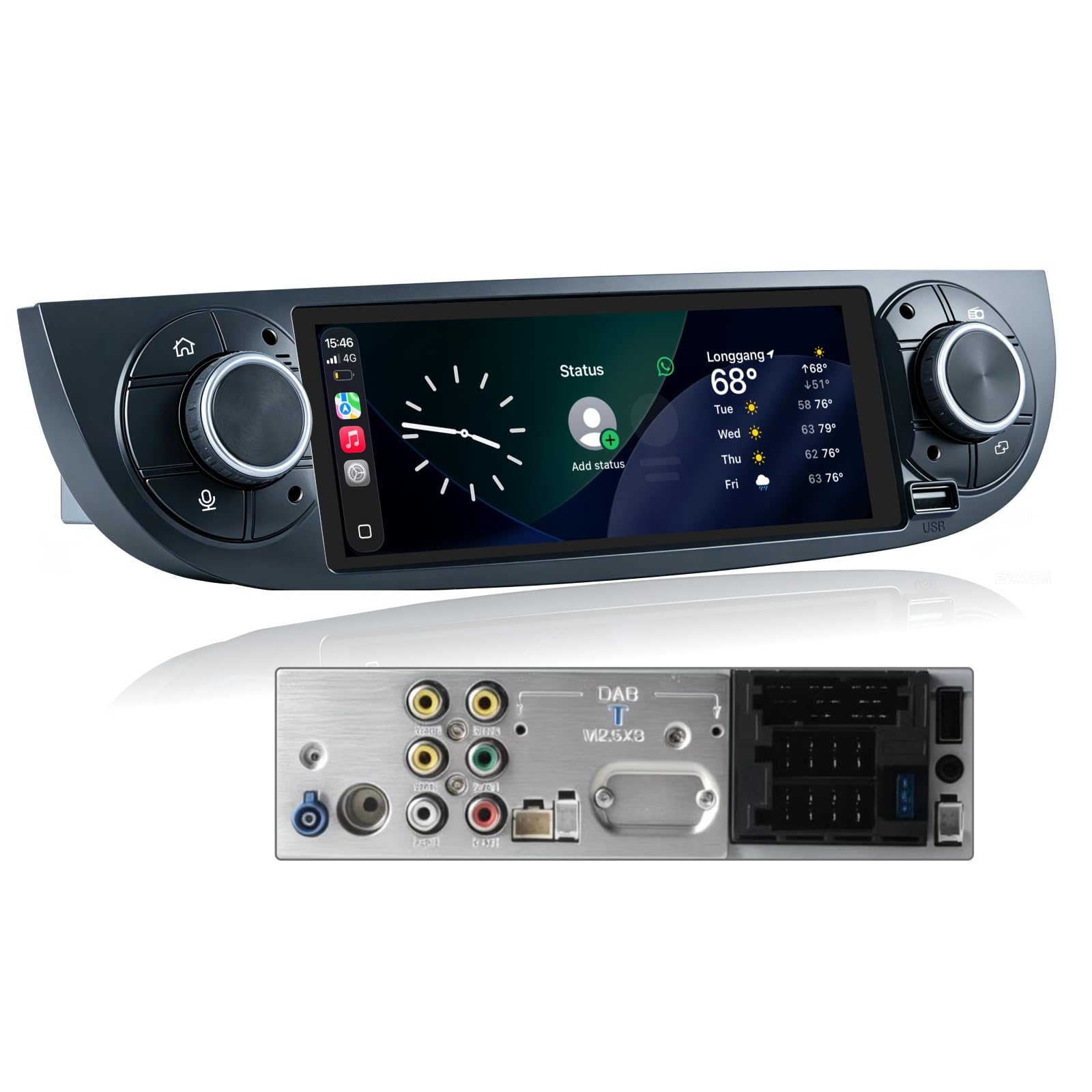Autoradio Linux per Fiat 500 2007-2015 con CarPlay Wireless e Android Auto, avvio in 2 secondi, comandi fisici tramite manopola, audio di livello OEM, Porta ISO Plug & Play, Nero