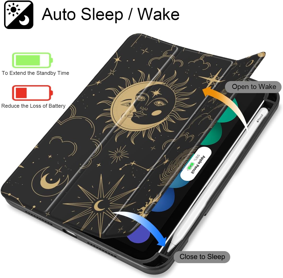 Tuiklol for iPad mini 7 (A17 Pro) 2024 / iPad mini 6 2021 8.3 inch Case, Built-in Pencil Holder Slim Clear Back Shell Cover Auto Wake/Sleep with iPad mini 7th / 6th Gen Cover, Moon and Star