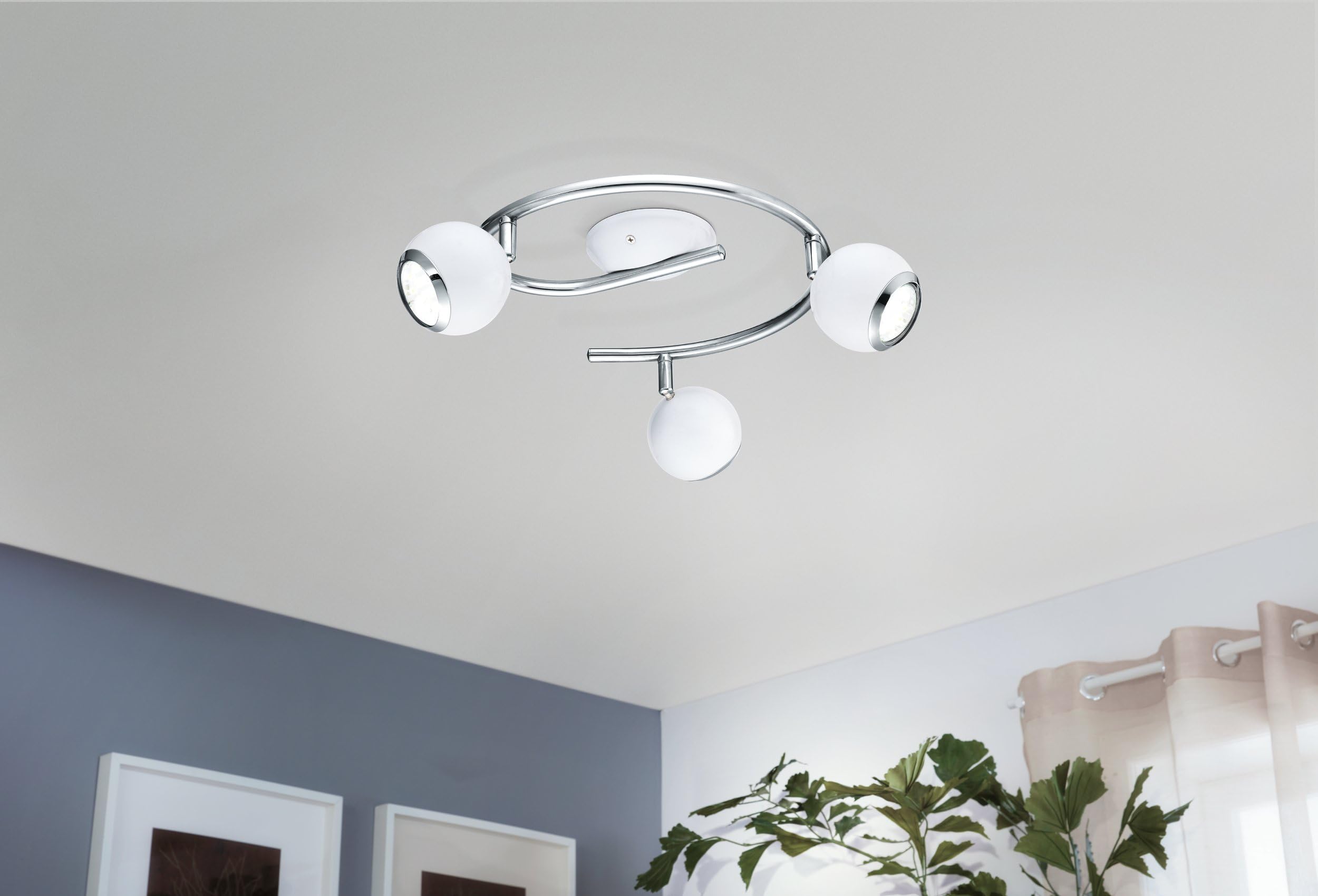 Eglo LED Lámpara de techo Bimeda, lámpara de techo de 3 luces, foco | de techo de metal en blanco y cromo, lámpara para salón, focos con bombillas GU10, luz cálida