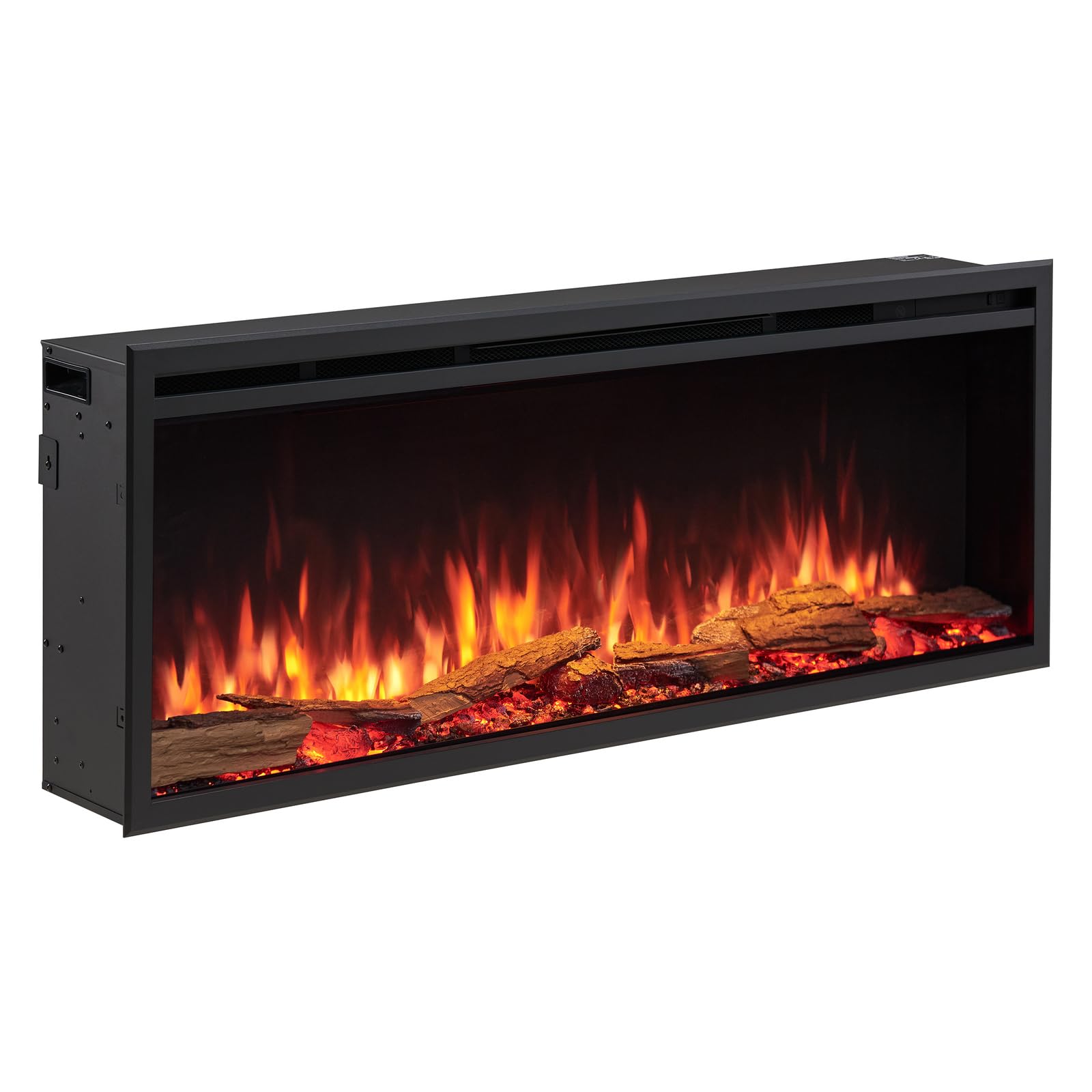 FLAMME 50 inch Media Wall Electric Fireplace, Castello Platinum Black | 1.5kW Heater (750W/1500W), Multi-Colour Flames, Logs & Black Glass Chips, Alexa & App Control, Wall Mounted or Recessed