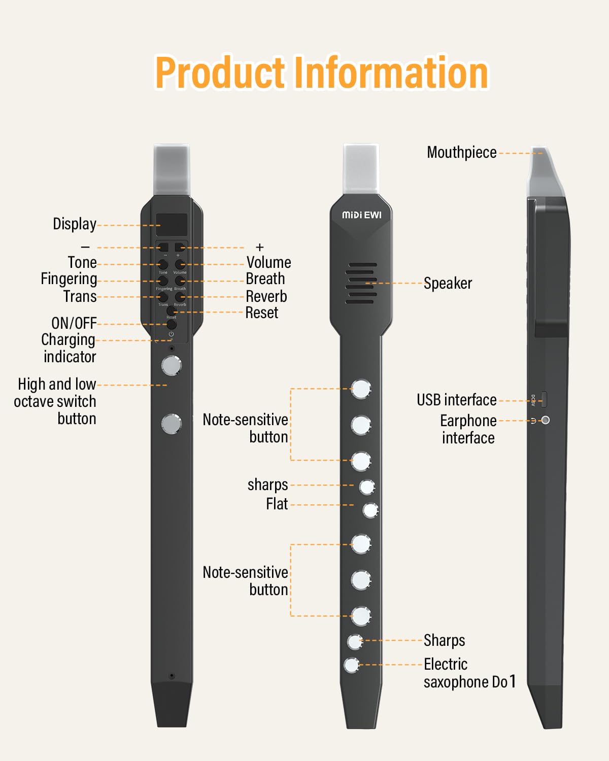 EWI Instrument à vent numérique Noir Supporte MIDI Bluetooth, 10 tonalités d'instrument de musique, plusieurs options de tonalité, riche jouabilité, meilleure pratique, portable