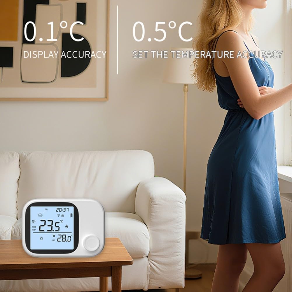 RF433 - Termostato wireless per caldaia con WiFi e controllo della temperatura programmabile, per casa intelligente Tuya, lungo raggio di 300 m, ricaricabile tramite USB, per riscaldamento a