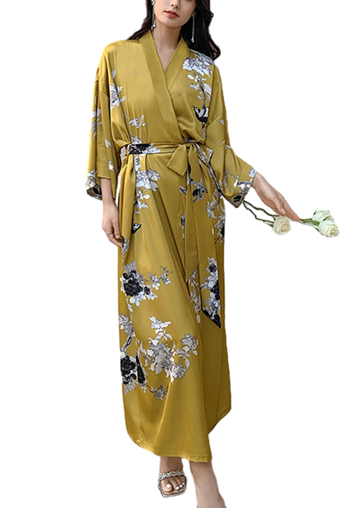Daiwor Kout Silk Satin Robe for Women Long Japanese Kimono Robe Lightweight Soft Bathrobe Floral Luxury Dressing Gown