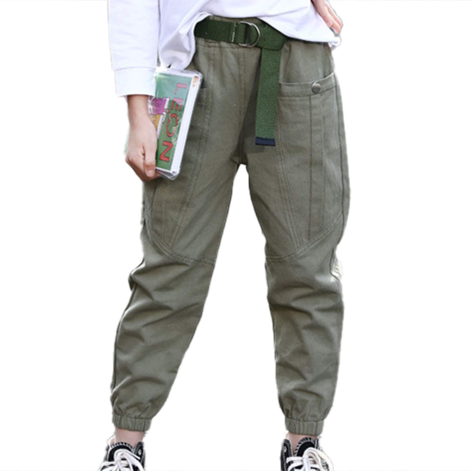 JanJean Kids Girls Teens Cotton Cargo Jogger Pants High Waist Loose Fit Pants with Pockets Street Hip Hop Dance Costume Green 1 4-5