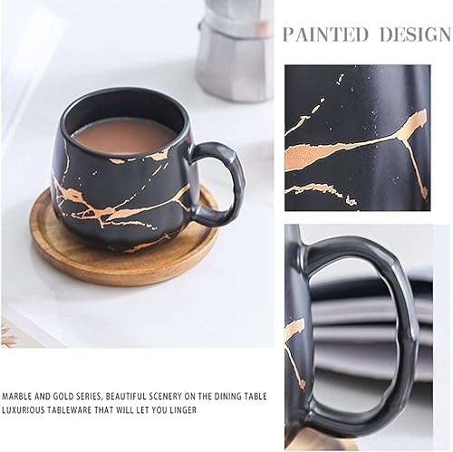 Miniatura 4 de Incrustación de oro de lujo 14 oz taza de café de cerámica taza de té conjunto con platillo de madera (negro)