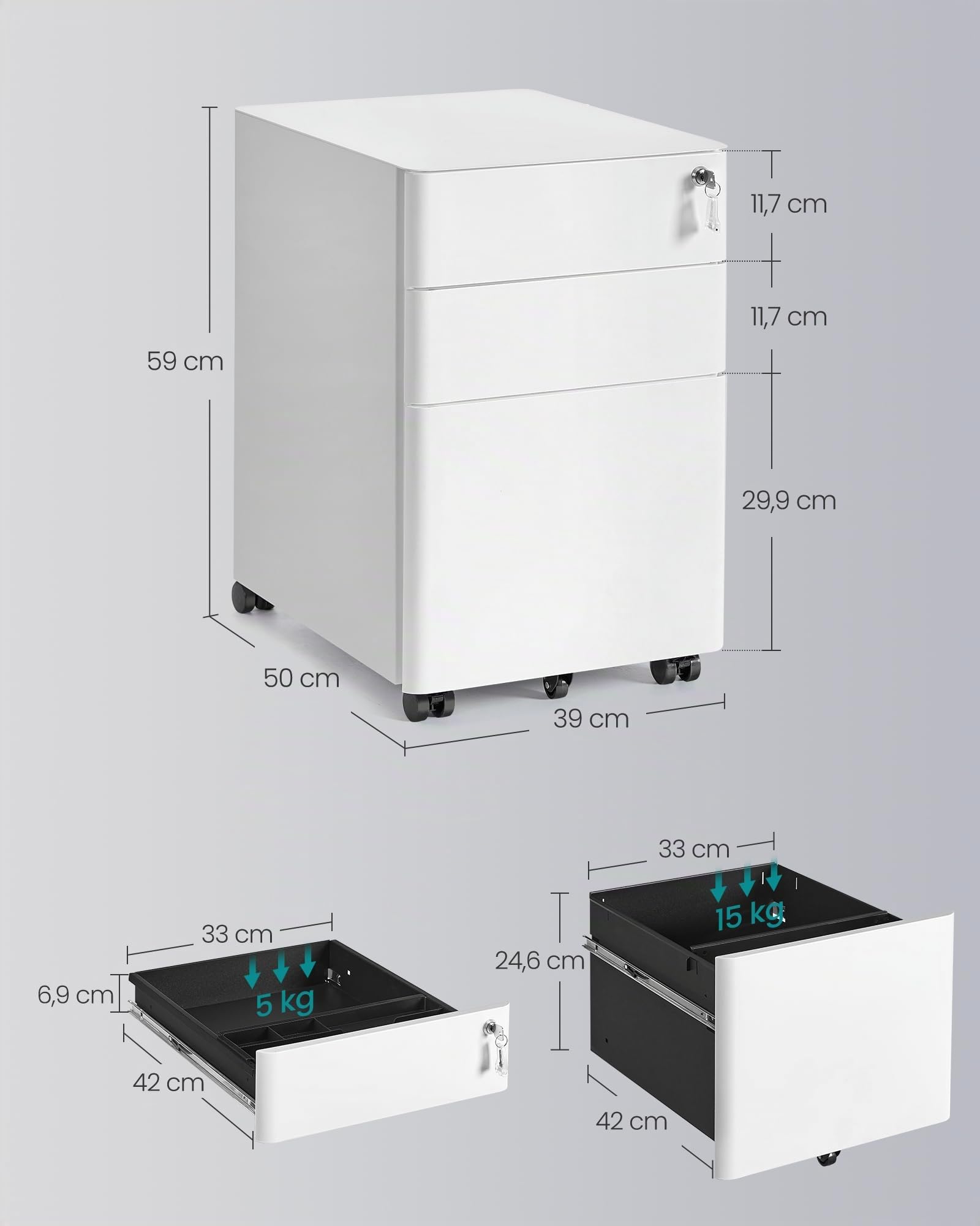 SONGMICS Rollcontainer 3 Schubladen abschließbarer Aktenschrank Metallschrank Druckertisch Büro 50x39x59 cm mattweiß