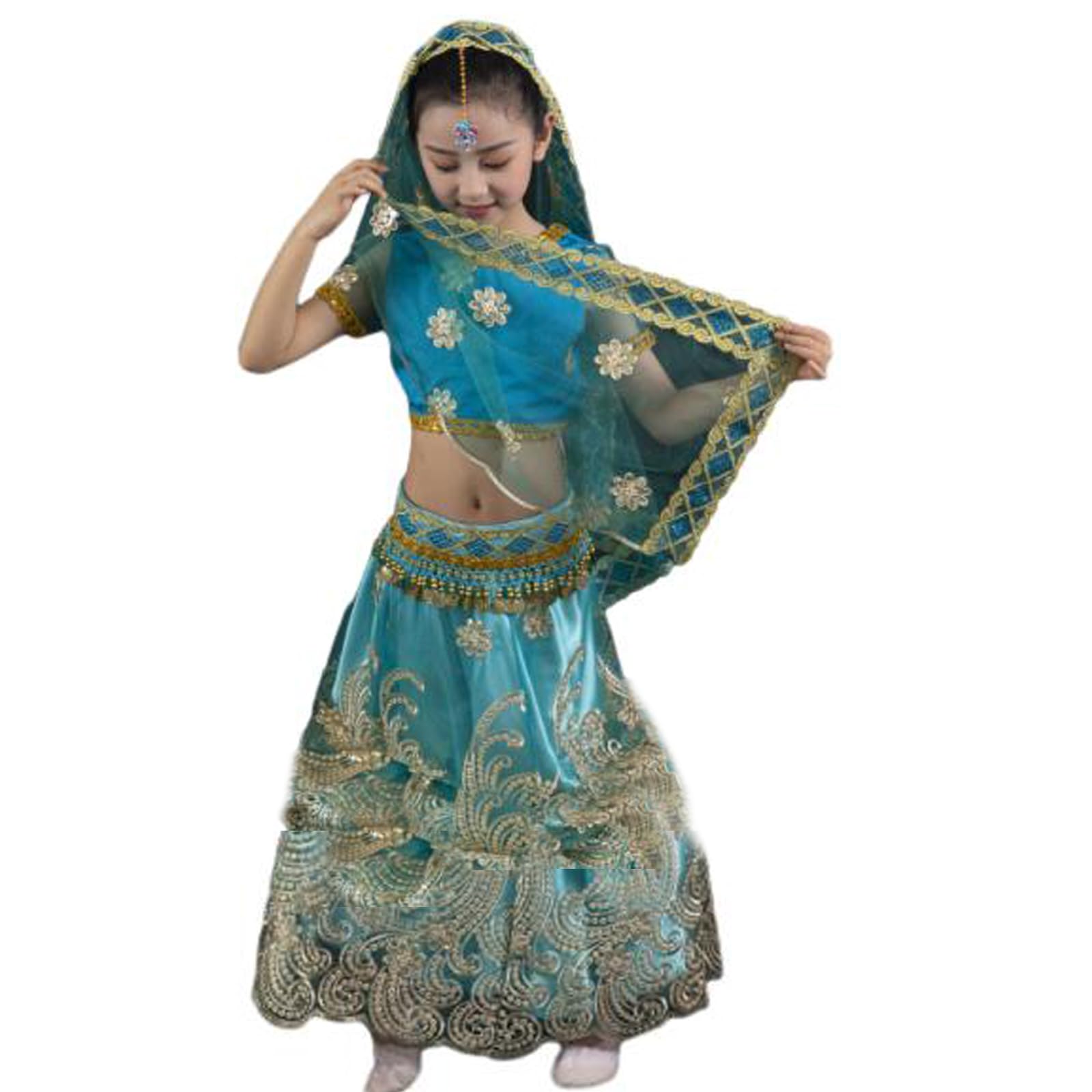 Kostium do tańca brzucha dla dziewczynki, stroje na Halloween indyjskie zestawy do tańca, karnawałowe ubrania do zawodów tanecznych Bollywood,Green,M