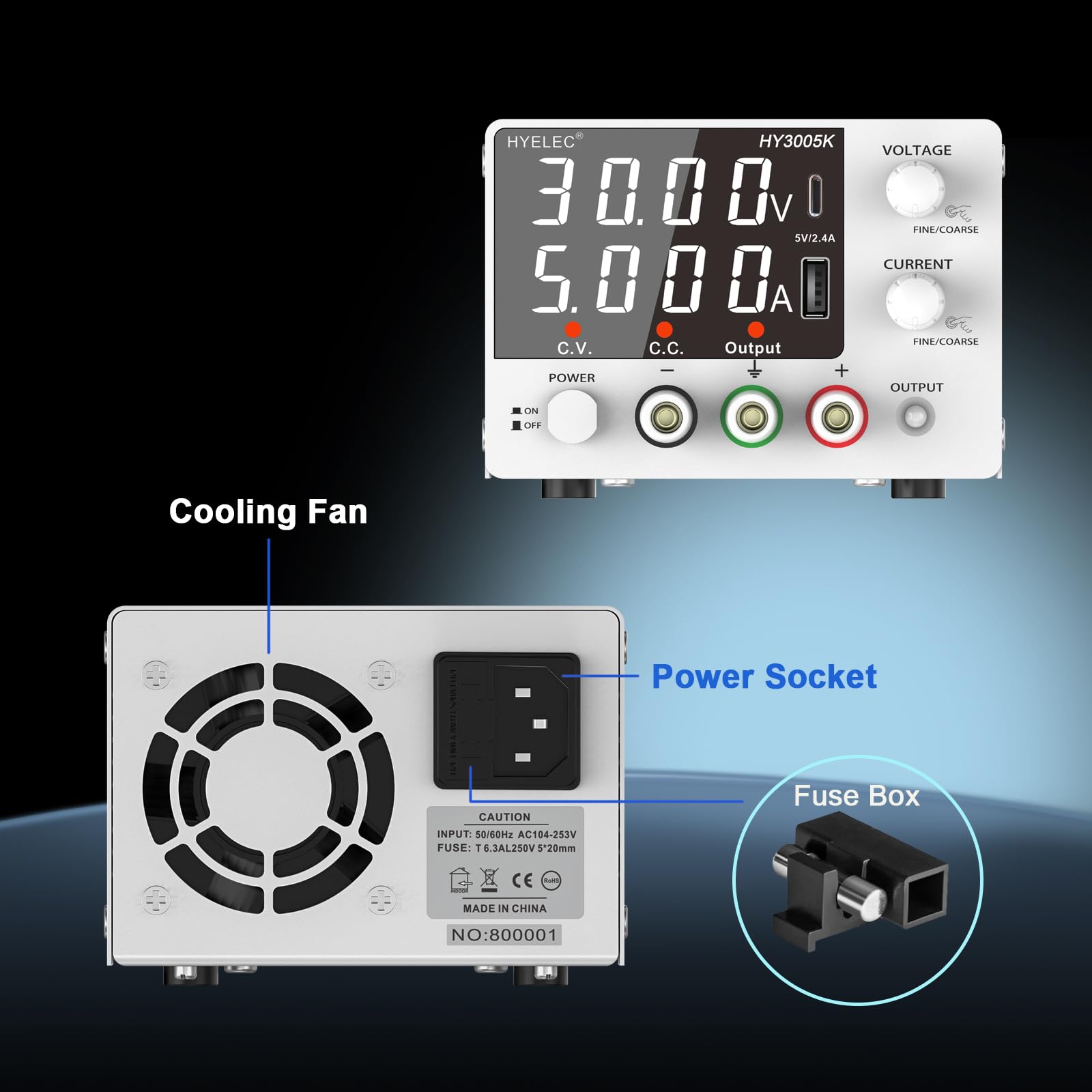 Fuente de alimentación de CC variable, 0-30 V 0-5 A, fuente de alimentación de banco con perilla de codificador, visualización LED de 4 dígitos, calibración digital, carga USB y tipo C