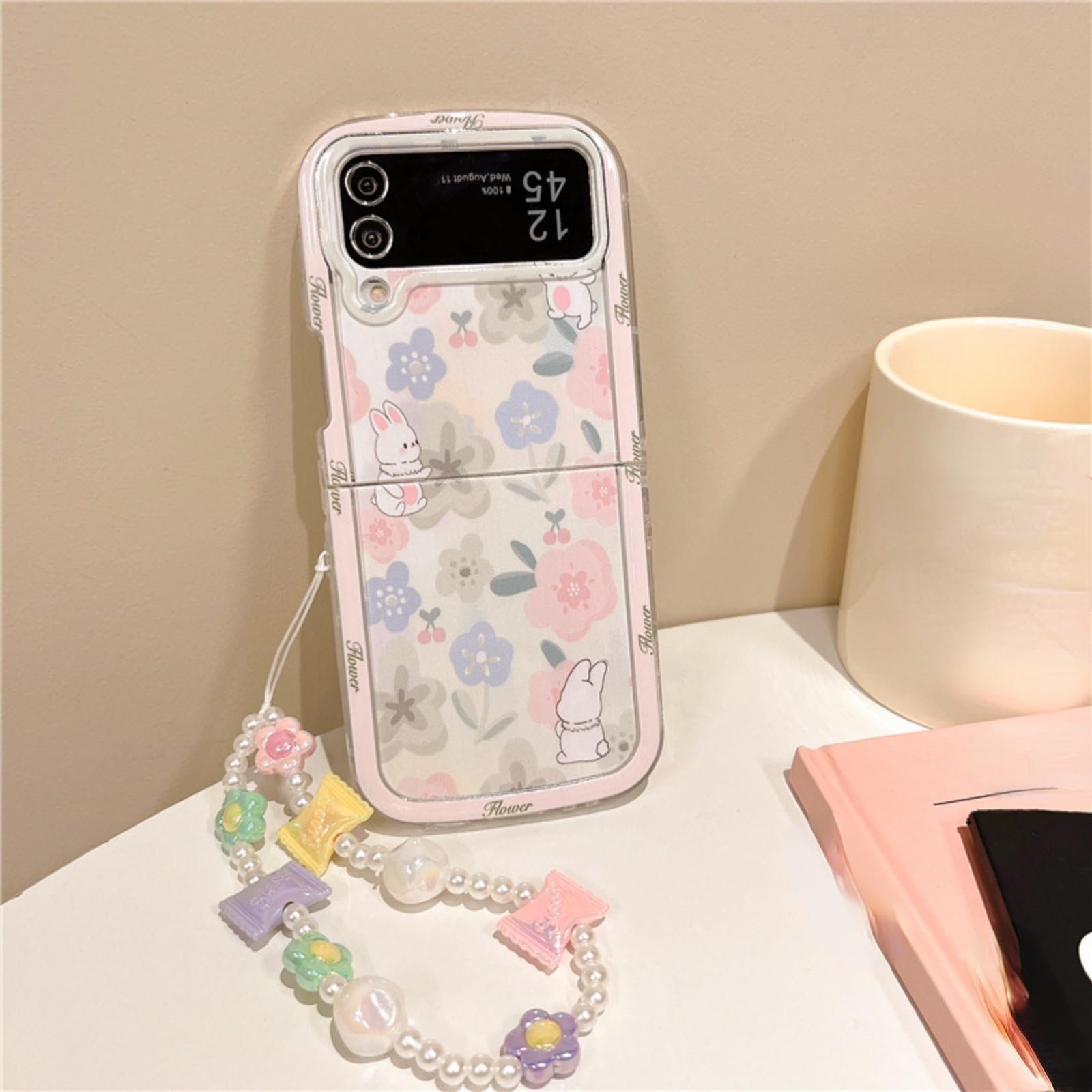 for Samsung Galaxy zflip3/4/5 Generation Folding TPU Soft case with Bracelet, Cute Watercolor Flower Bear Rabbit Suitable for Women Girls (Flip 4,Rabbit+Bracelet)
