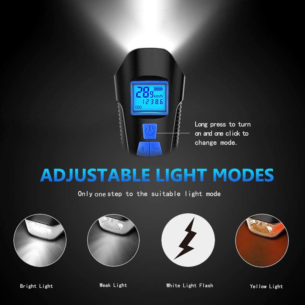 Xinji LED Bike Light Set with Bicycle Speedometer mph, USB Rechargeable Bike Computer with Loud Bike Bell, Waterproof Bike Odometer and Tail Light