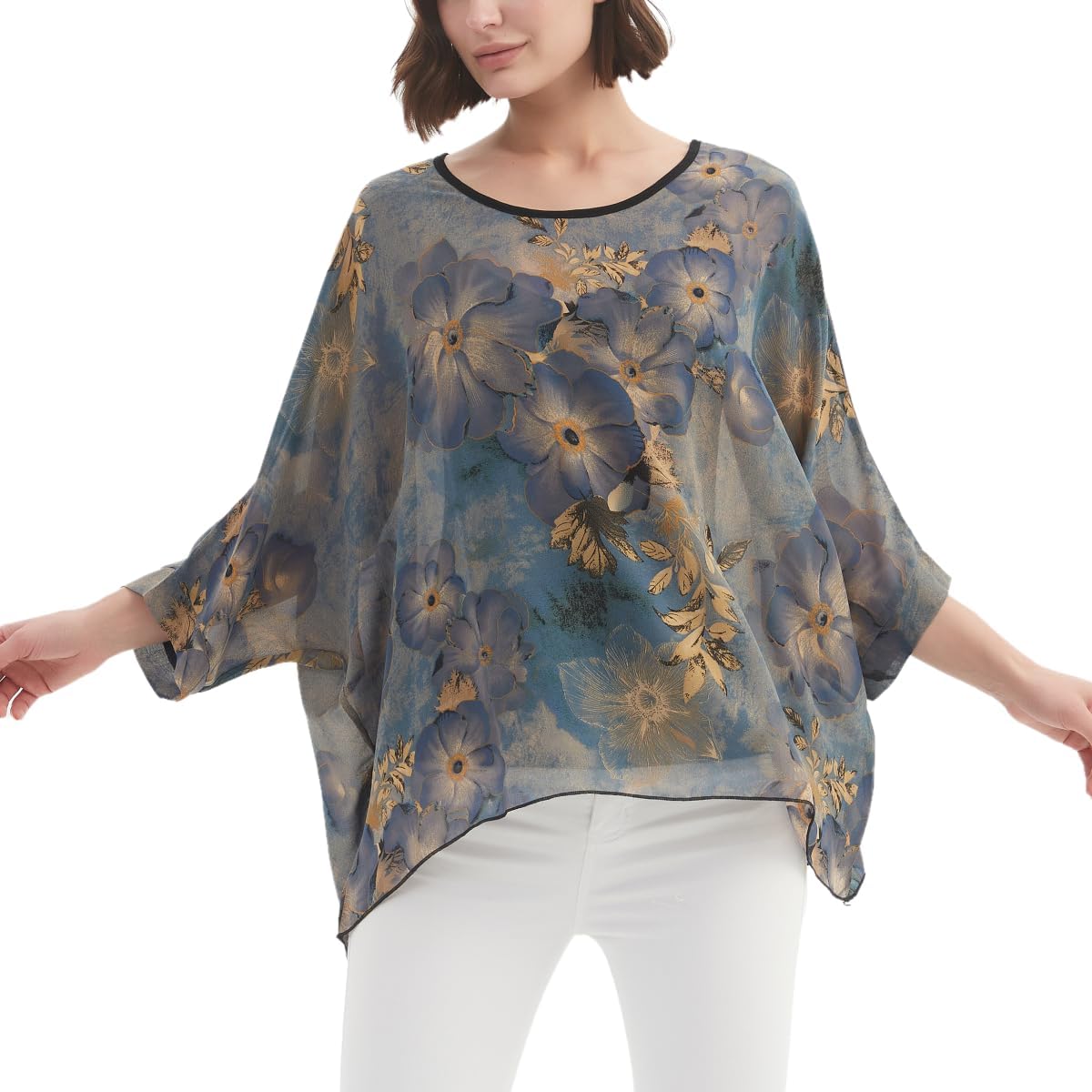 Women's Loose Alicia Floral Print Chiffon Blouse Batwing Blouses Bohemian Flowy Tops Top T-Shirt
