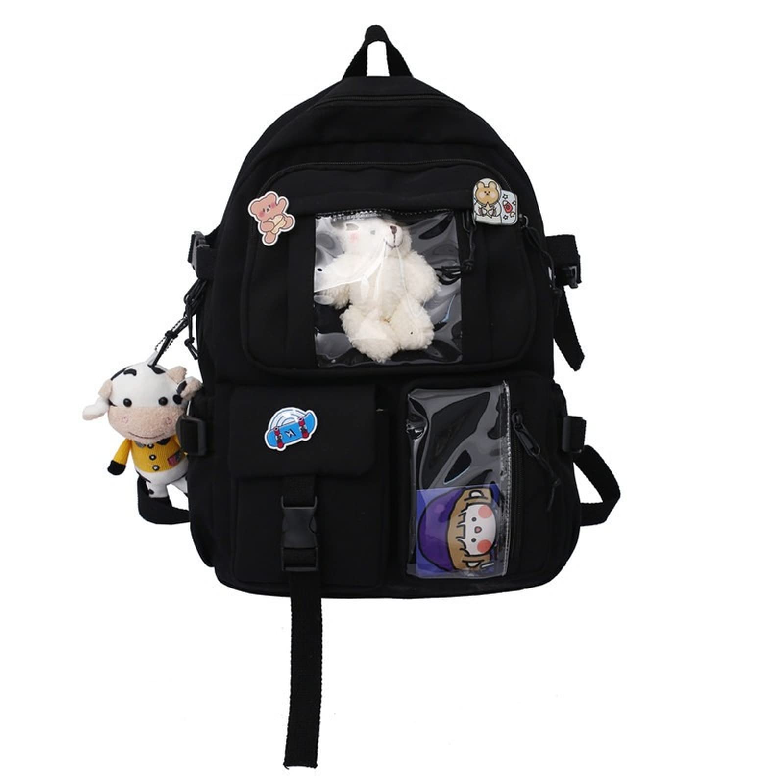Mochila escolar de anime con colgante de oso vaca negra talla L 6