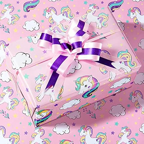 6 Sheets Girls Unicorn Wrapping Paper 70 x 50 cm with 6 Pieces Ribbon Pull Bow Birthday Pink Wrapping Paper Purple Bows for Gift Wrapping Kids Children Cover