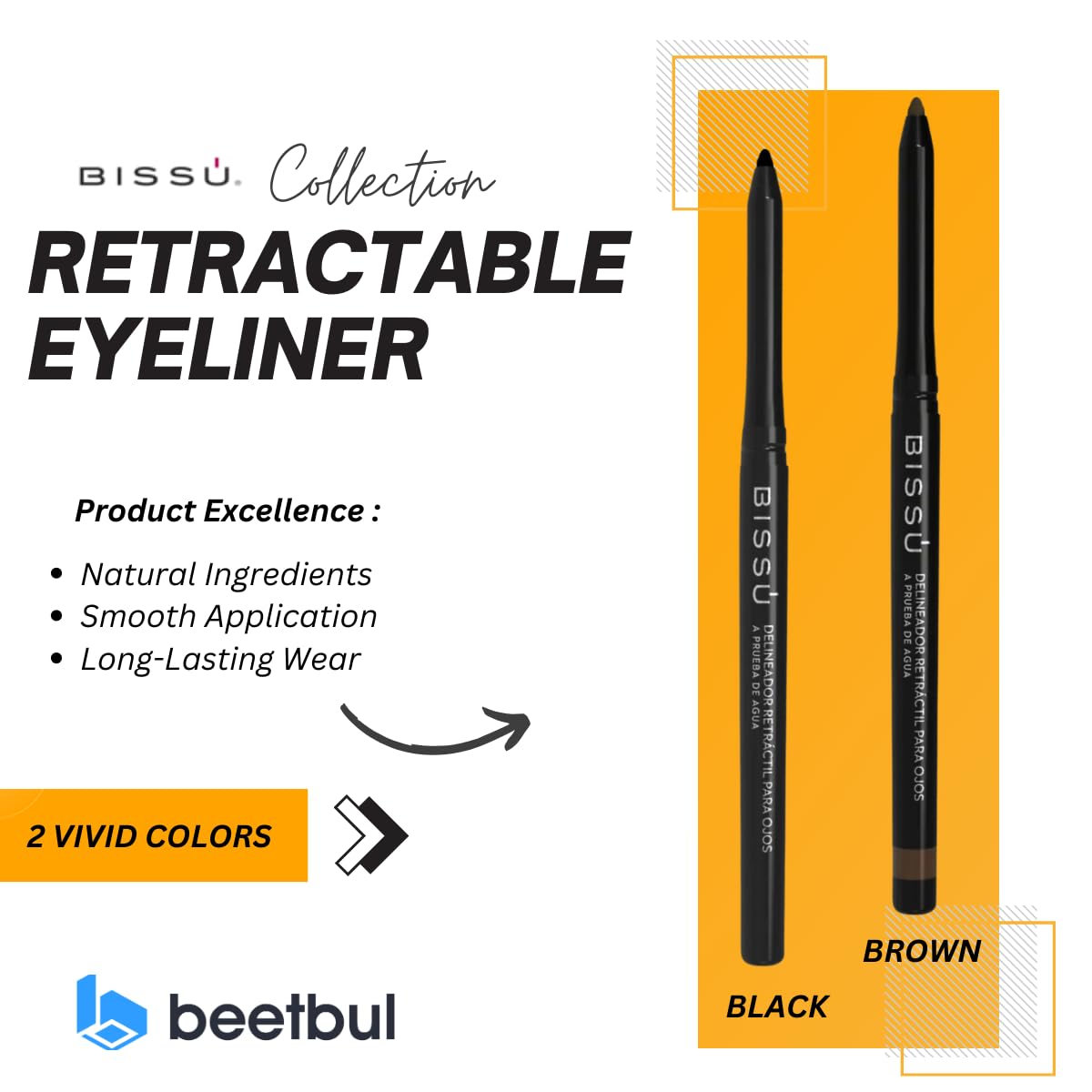 Bissú Retractable Eye Liner - Waterproof, 15-Hour Wear, Natural Ingredients, Smooth Application, 2 Colors (Black, Brown) (01 Black)