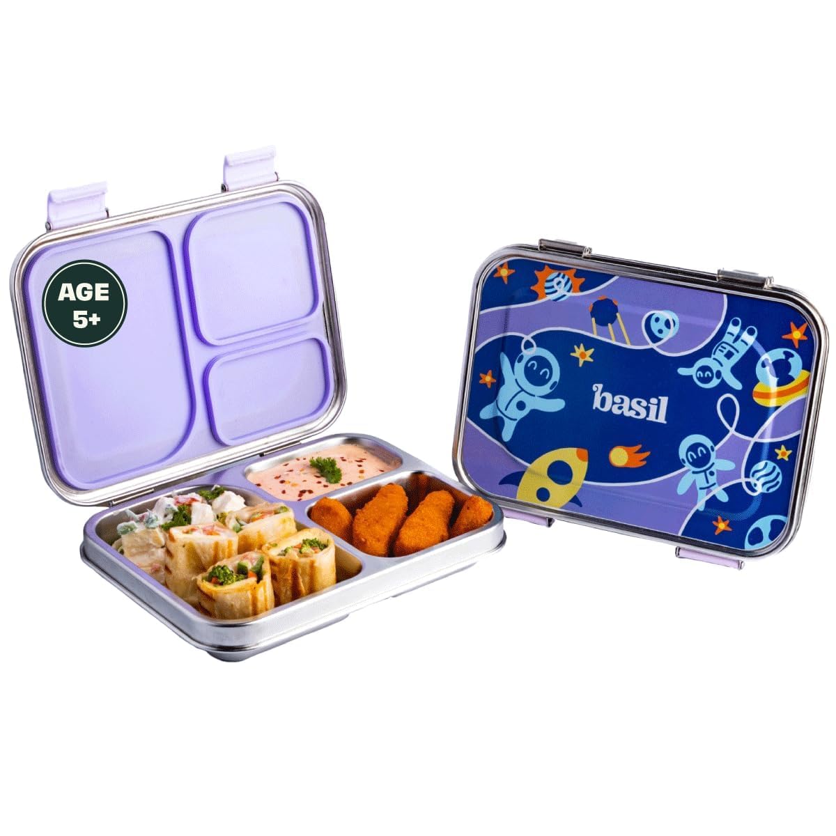 Basil Bento Box - 900 ml 3 Compartment Stainless Steel Lunch Box for Kids | Leak-Proof Tiffin for School - Blue Space | Super Swoosh