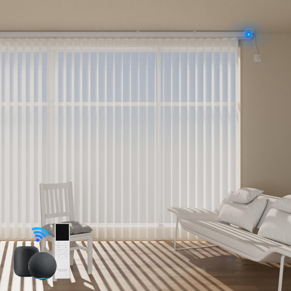 Blindify Motorized Sheer Vertical Blinds Work with Alex Google Home, Light Filtering Smart Vertical Blind Sliding Door Blinds Remote Control Blinds for Sliding Glass Door Customize (White)