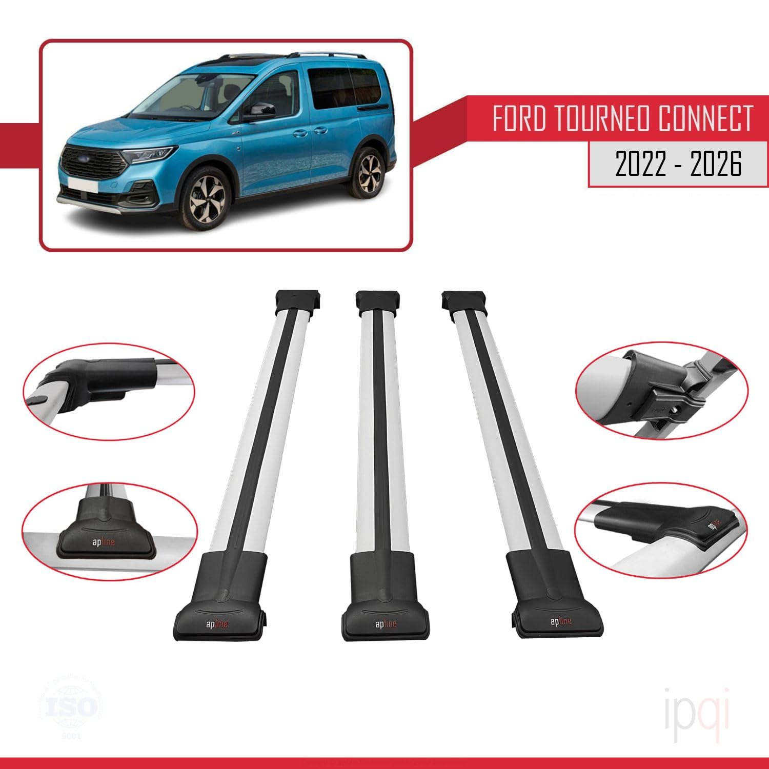 RE&AR Tuning Compatible con Ford Transit/Tourneo Connect 3 2022-2025 Fly Model Barras de Techo Auto Portaequipajes Barras Transversales Gris Aluminio 3 Barras