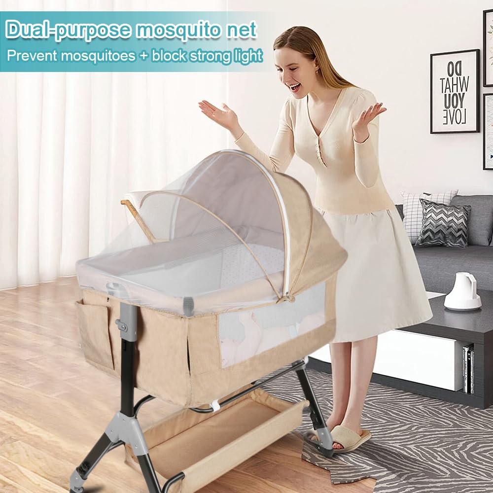 Lit Cododo Bebe avec Roues,Berceau Bébé Evolutif,Côté Repliable,4 Niveaux de Réglage de La Hauteur,Facile à Assembler,Equipé de Moustiquaire (Blanc cassé, 103-115cm quatrième Vitesse)