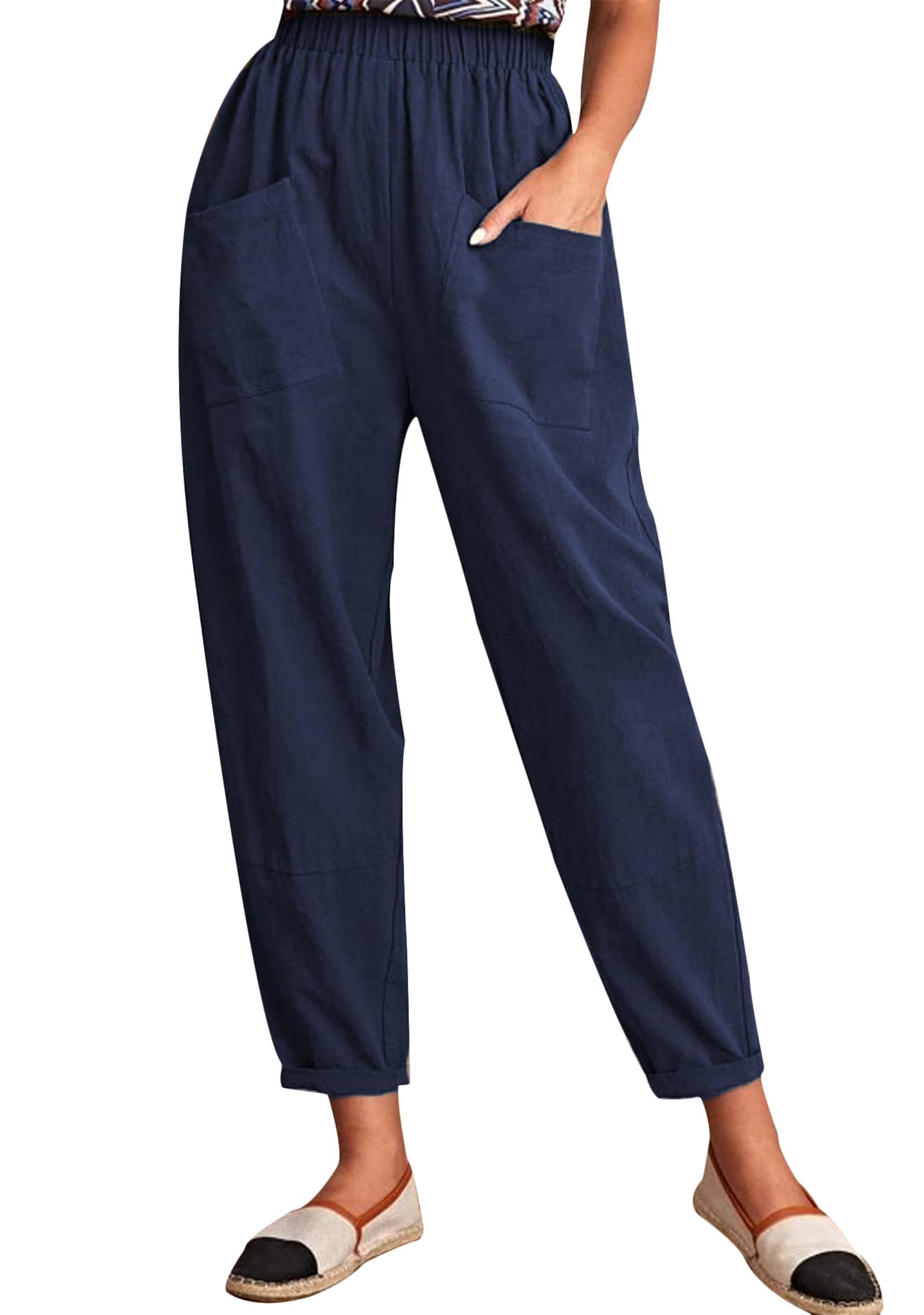 EFOFEI Womens Casual Cotton Line Beach Pants High Waisted Pants with Pocket Elastic Work Pleated Detail Pants